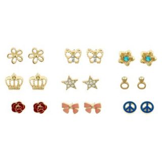 Flower, Butterfly, Crown, Star, Ring, and Peace Sign Stud Earrings Set of 9  