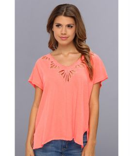 Free People Cutwork Double V Tee Womens Short Sleeve Pullover (Coral)