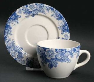 Nautica Indigo Rose Flat Cup & Saucer Set, Fine China Dinnerware   Blue Floral O