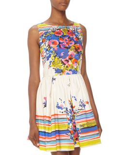 Floral & Stripe Printed Sateen Dress, Beige