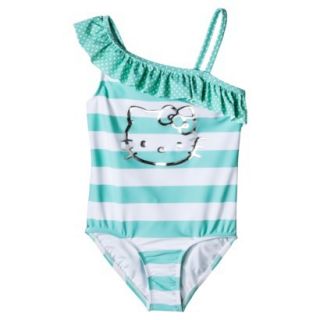 Hello Kitty Girls 1 Piece Striped Swimsuit   Misty Blue XS