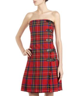 Buckle Detail Plaid Strapless Dress, Red