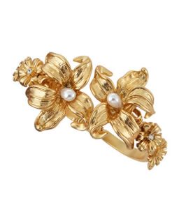 Pearly Crystal Accented Flower Cuff Bracelet