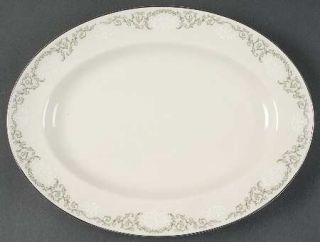 Pickard Cameo 12 Oval Serving Platter, Fine China Dinnerware   Green Leaves & W