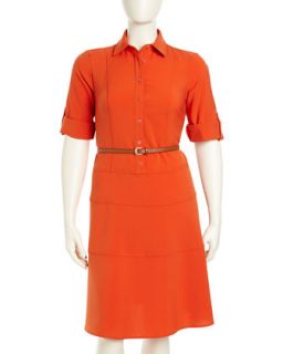 Belted Jacquard Shirt Dress, Orange, Womens