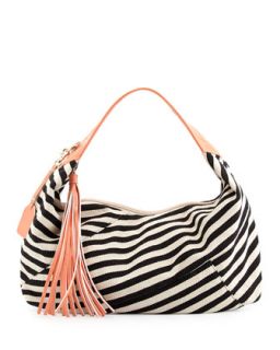 Striped Canvas Contrast Hobo Bag, Black/Coral