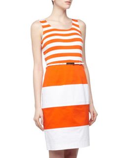 Mixed Stripe Fit And Flare Dress, Orange Peel/White