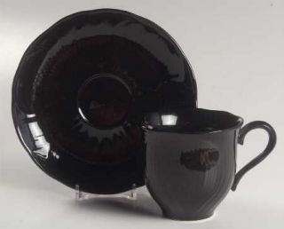 Mikasa Black Iris Flat Cup & Saucer Set, Fine China Dinnerware   Spring,Embossed