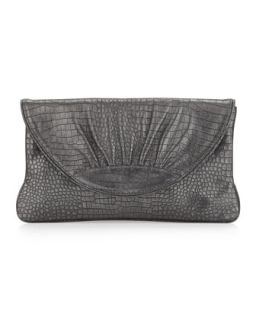 Ava Shimmer Crocodile Embossed Clutch, Gray/Silver