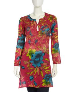 Floral Embroidered Banana Flower Print Tunic, Hot Pink