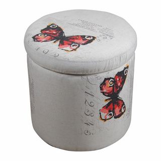 White Vintage Butterfly Stamped Round Storage Ottoman (WhiteUpholstery fill Polyester fillOttoman dimensions 16 inches high x 16 inches wide x 16 inches long )