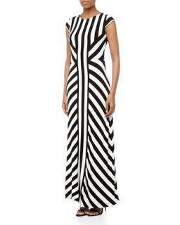 Miter Stripe Cap Sleeve Maxi Dress, Black/White