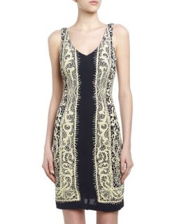 Lace Scarf Print Sheath Dress, Black/Ivory