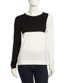 Long Sleeve Crew Color Block Sweater, White/Black