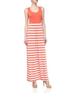 Sleeveless Contrast Stretch Knit Maxi Dress, Coral