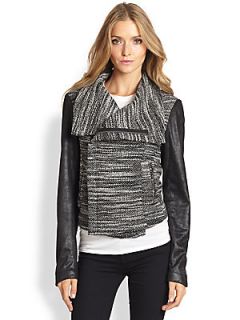 SW3 Faux Leather Sleeved Tweed Jacket   Silver/Black