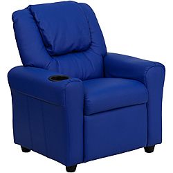 Contemporary Blue Vinyl Kids Recliner With Cup Holder And Headrest