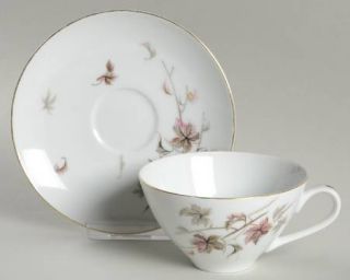 Yamaka Montreal Flat Cup & Saucer Set, Fine China Dinnerware   Pink & Gray Leave